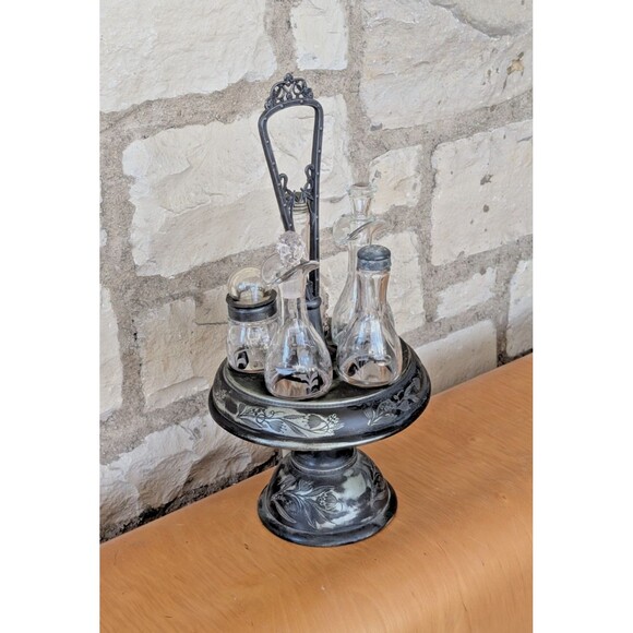 Antique Victorian Silverplate 7-piece Rotating Condiments Cruet Set w/Stoppers - Picture 1 of 16